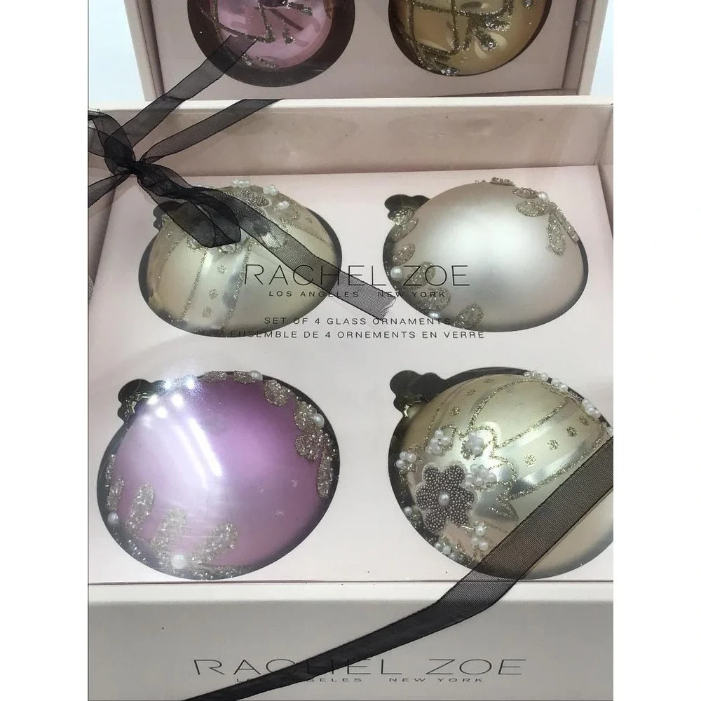 Rachel Zoe 8pc Glass Christmas Ornaments Set Pink Gold Pearl Glitter Embellished